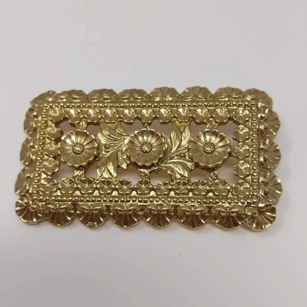 1928 Gold Tone Floral Brooch Rectangle